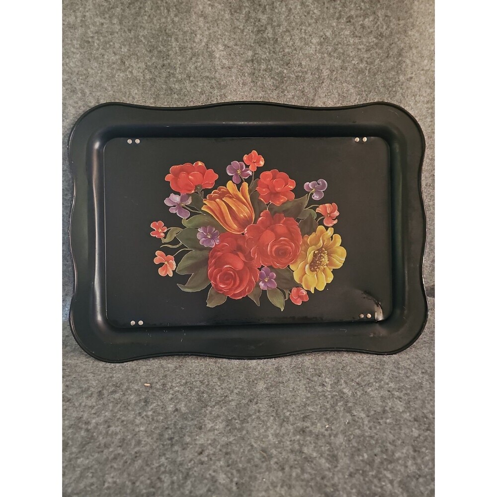 Vintage Tole Painted Metal Tray Black Floral. Granny Core Cottage Core 15x13